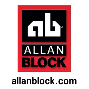 Allan Block logo with ab symbol, text ALLAN BLOCK, and website allanblock.com on a red background.