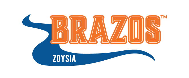 Logo with the word BRAZOS in orange letters above a blue river shape labeled ZOYSIA.