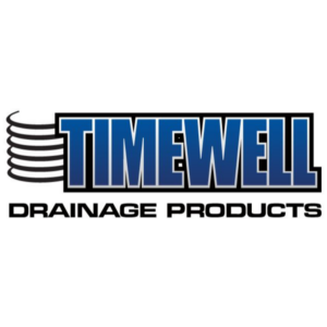 Timewell Drainage Products logo with blue gradient text and a black coiled pipe graphic on the left.