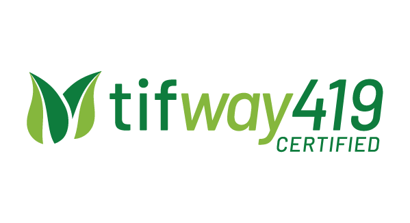 Logo with green leaf design and text: tifway 419 CERTIFIED on a white background.
