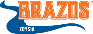 Logo with BRAZOS in bold orange letters, a blue river shape, and ZOYSIA in white text.