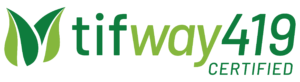 Logo with green leaves and text: tifway 419 CERTIFIED in various shades of green.