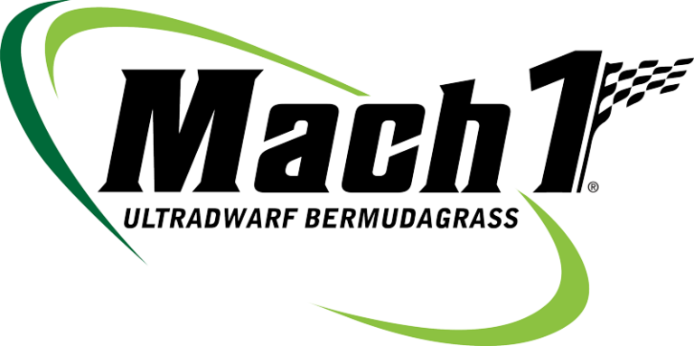 Mach 1 Ultradwarf Bermudagrass logo with racing flag and green swoosh accents.